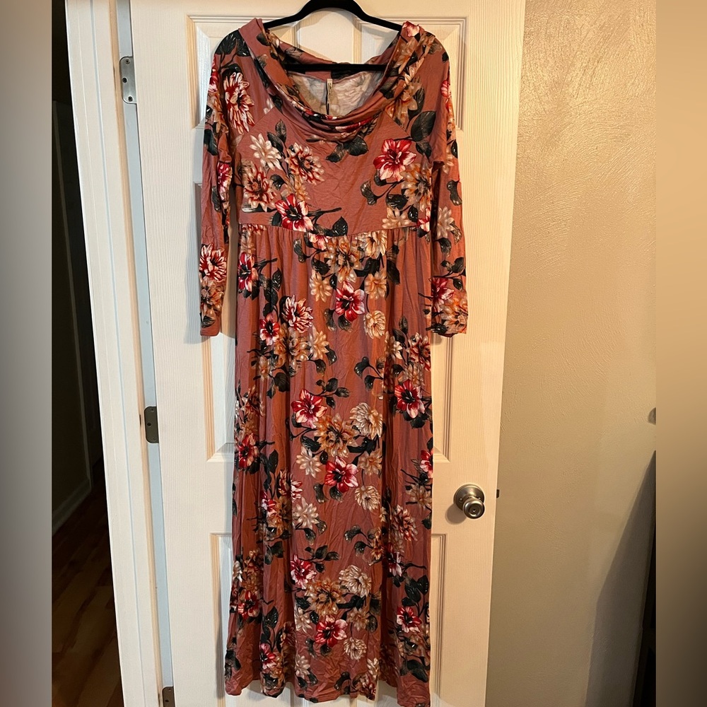 Mother Bee Maternity Cowl Neck and Over the Shoulder Maternity Dress
